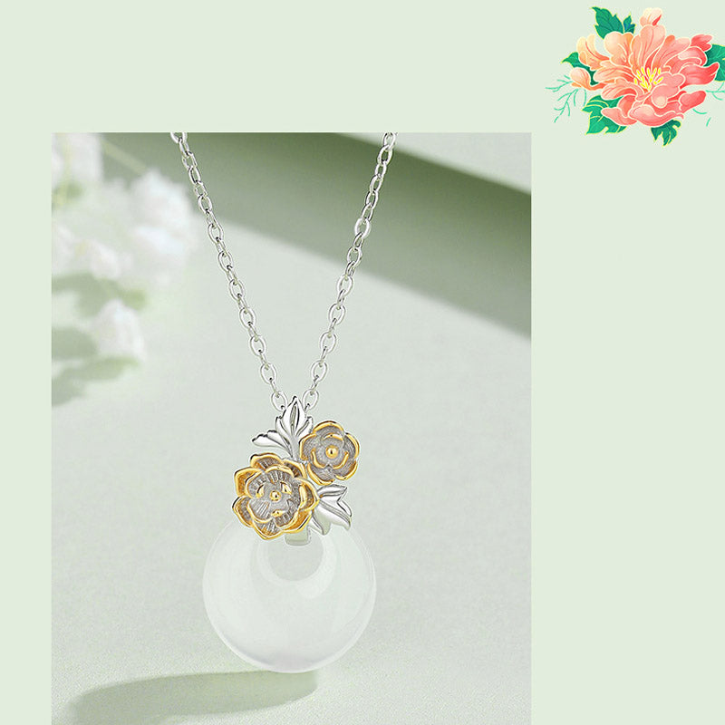Buddha Stones925スターリングシルバー ラウンドカルセドニー 12ヶ月フラワーハーモニーネックレスペンダント