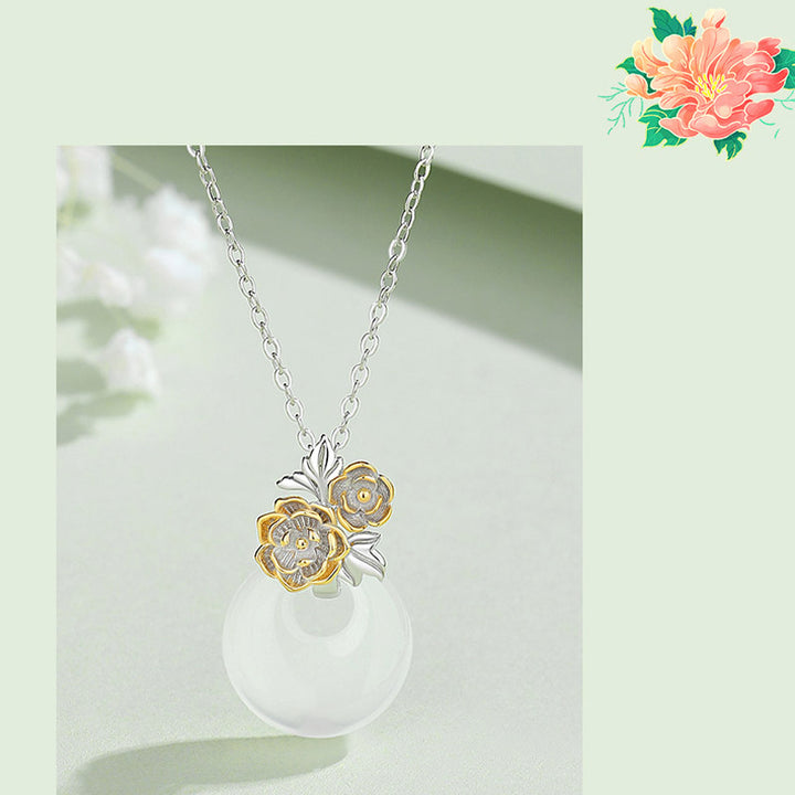 Buddha Stones925スターリングシルバー ラウンドカルセドニー 12ヶ月フラワーハーモニーネックレスペンダント