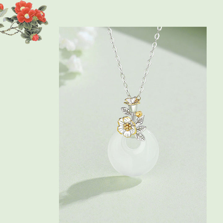 Buddha Stones925スターリングシルバー ラウンドカルセドニー 12ヶ月フラワーハーモニーネックレスペンダント