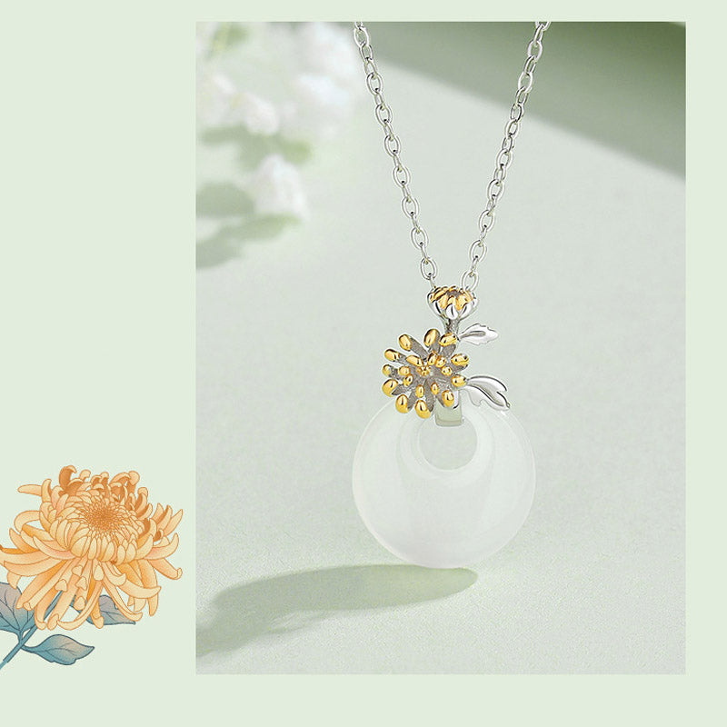 Buddha Stones925スターリングシルバー ラウンドカルセドニー 12ヶ月フラワーハーモニーネックレスペンダント