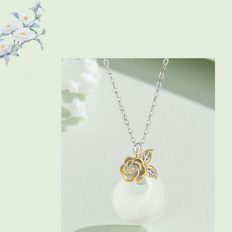 Buddha Stones925スターリングシルバー ラウンドカルセドニー 12ヶ月フラワーハーモニーネックレスペンダント