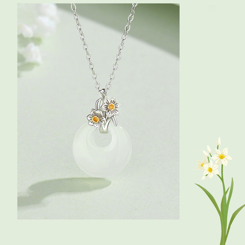 Buddha Stones925スターリングシルバー ラウンドカルセドニー 12ヶ月フラワーハーモニーネックレスペンダント