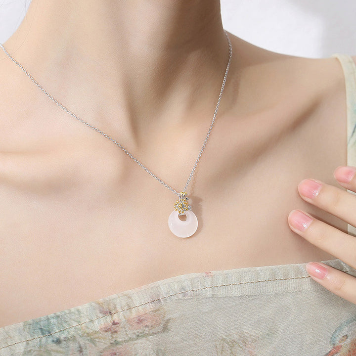Buddha Stones925スターリングシルバー ラウンドカルセドニー 12ヶ月フラワーハーモニーネックレスペンダント