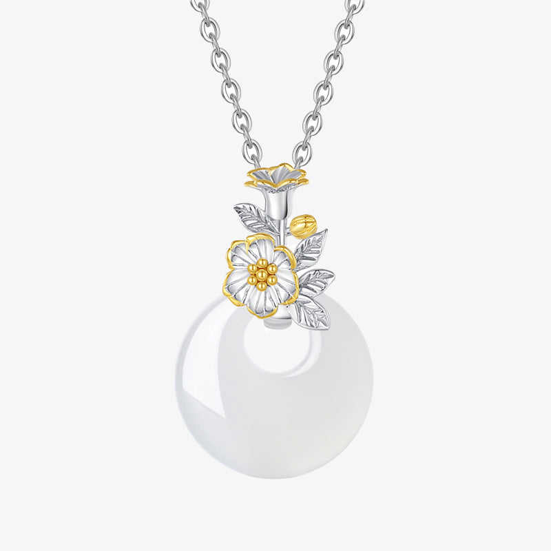 Buddha Stones925スターリングシルバー ラウンドカルセドニー 12ヶ月フラワーハーモニーネックレスペンダント