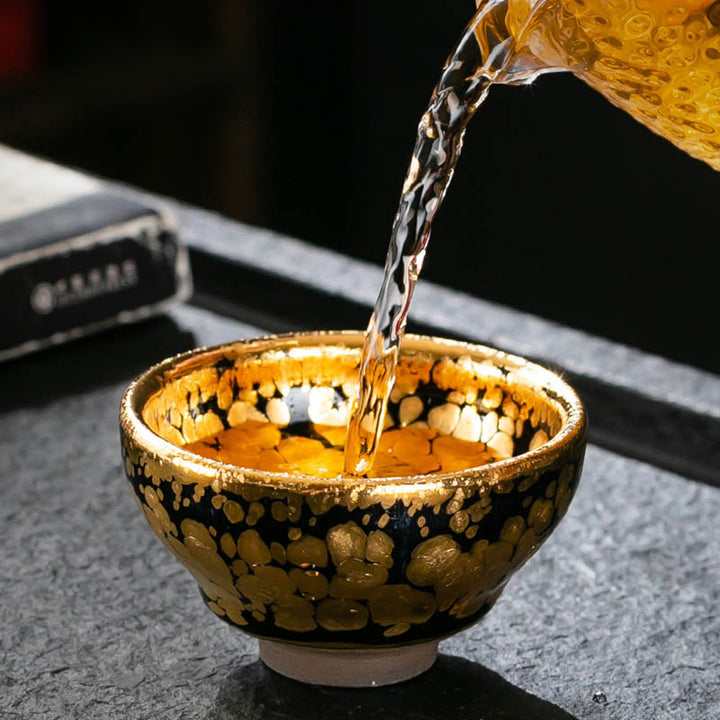 Buddha Stones24K ゴールド スポットパターン 中国 Jianzhan 陶器 ティーカップ カンフー ティーカップ ボウル ギフトボックス付き