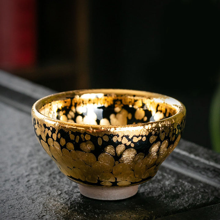 Buddha Stones24K ゴールド スポットパターン 中国 Jianzhan 陶器 ティーカップ カンフー ティーカップ ボウル ギフトボックス付き