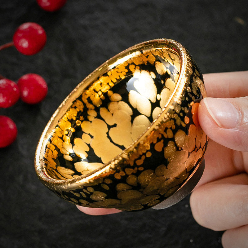 Buddha Stones24K ゴールド スポットパターン 中国 Jianzhan 陶器 ティーカップ カンフー ティーカップ ボウル ギフトボックス付き