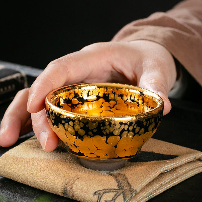 Buddha Stones24K ゴールド スポットパターン 中国 Jianzhan 陶器 ティーカップ カンフー ティーカップ ボウル ギフトボックス付き