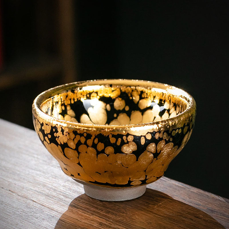 Buddha Stones24K ゴールド スポットパターン 中国 Jianzhan 陶器 ティーカップ カンフー ティーカップ ボウル ギフトボックス付き