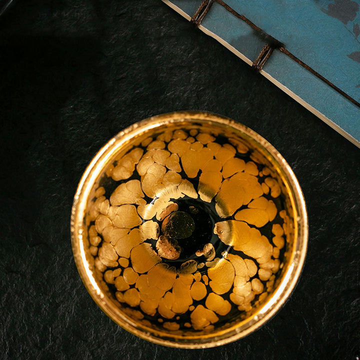 Buddha Stones24K ゴールド スポットパターン 中国 Jianzhan 陶器 ティーカップ カンフー ティーカップ ボウル ギフトボックス付き