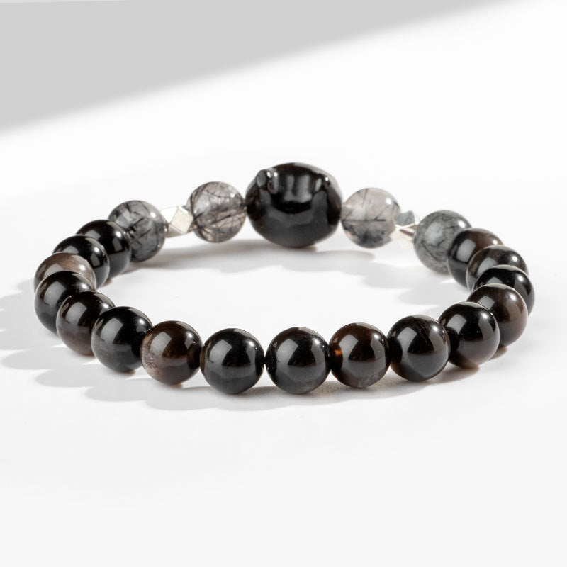 Buddha Stones天然銀光沢黒曜石猫の頭モチーフ守護ブレスレット - image 4