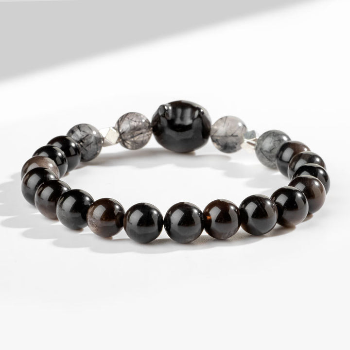 Buddha Stones天然銀光沢黒曜石猫の頭モチーフ守護ブレスレット - image 4