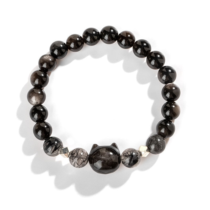 Buddha Stones天然銀光沢黒曜石猫の頭モチーフ守護ブレスレット - image 6