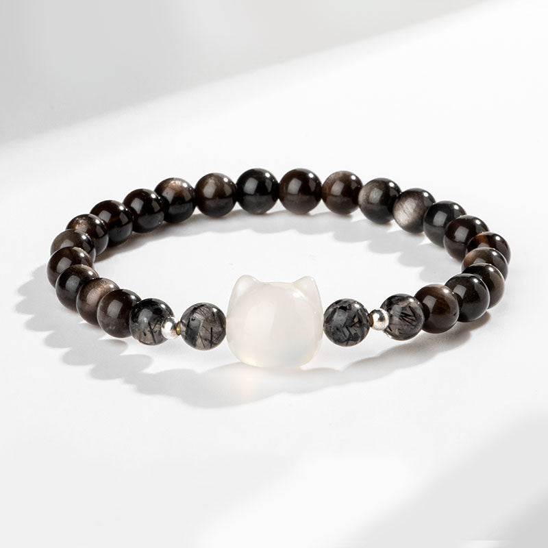 Buddha Stones天然銀光沢黒曜石猫の頭モチーフ守護ブレスレット - シルバーシーンオブシディアン＆ホワイトアゲート（手首周り14～15cm） - image 7