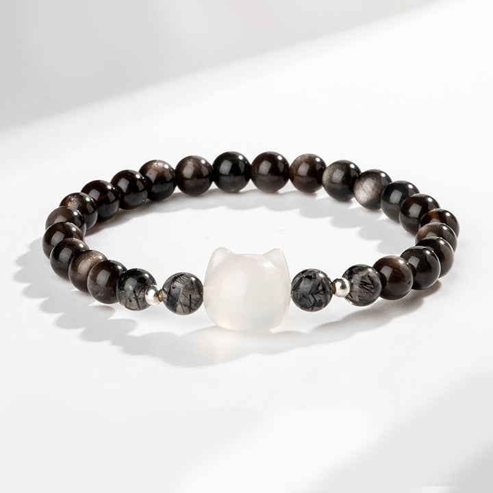 Buddha Stones天然銀光沢黒曜石猫の頭モチーフ守護ブレスレット - シルバーシーンオブシディアン＆ホワイトアゲート（手首周り14～15cm） - image 7