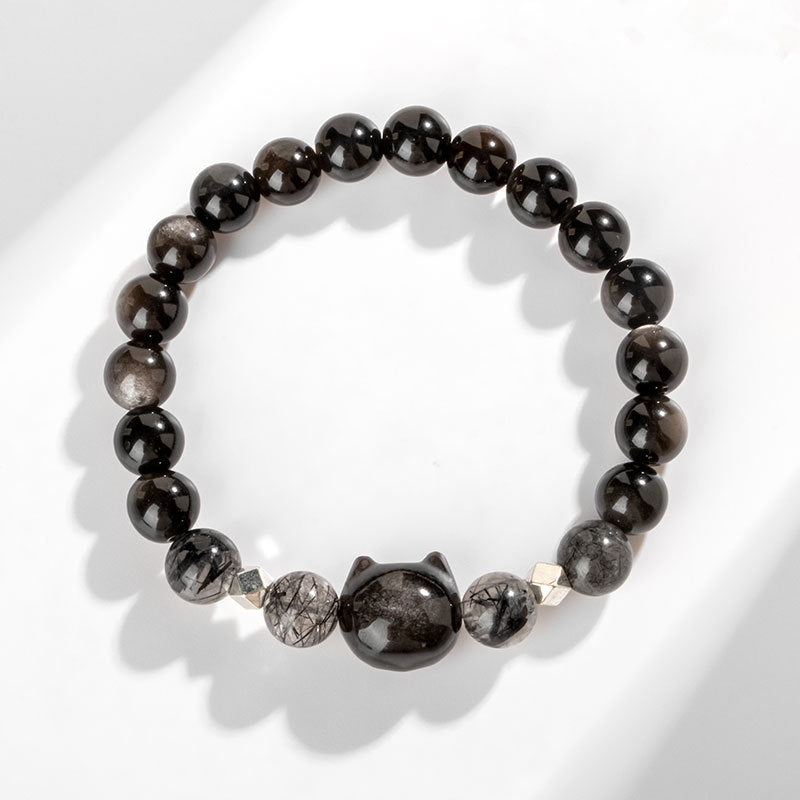 Buddha Stones天然銀光沢黒曜石猫の頭モチーフ守護ブレスレット - image 3