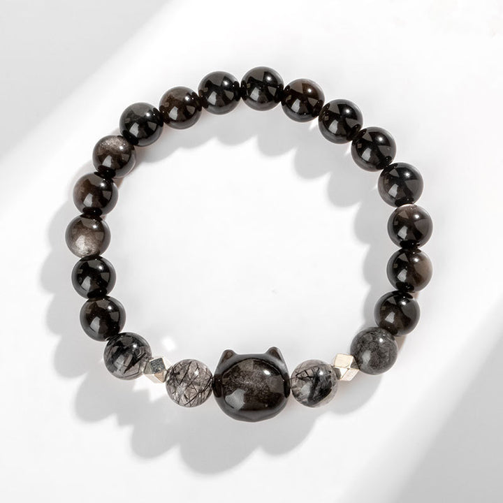 Buddha Stones天然銀光沢黒曜石猫の頭モチーフ守護ブレスレット - image 3