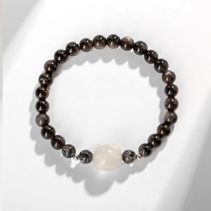 Buddha Stones天然銀光沢黒曜石猫の頭モチーフ守護ブレスレット - image 8