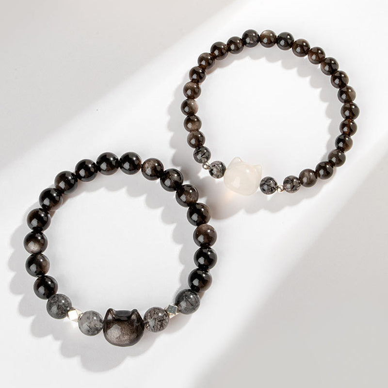 Buddha Stones天然銀光沢黒曜石猫の頭モチーフ守護ブレスレット - image 2
