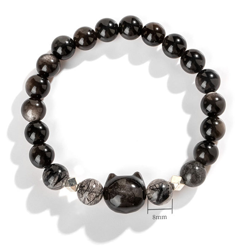 Buddha Stones天然銀光沢黒曜石猫の頭モチーフ守護ブレスレット - image 5