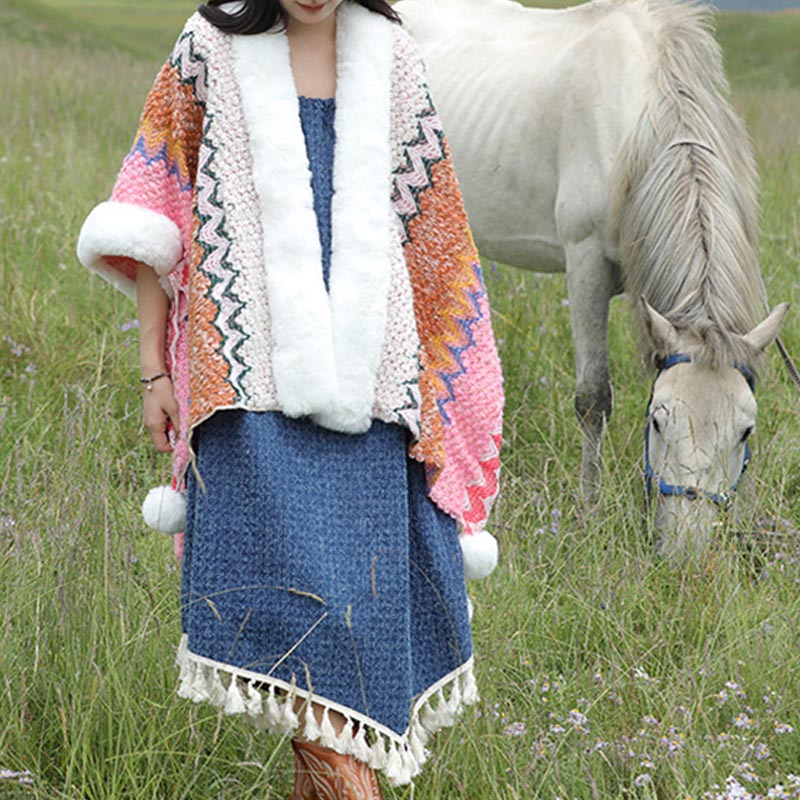 Buddha Stonesチベットのマルチカラーの波線ニットストライプショールコート冬用快適トラベルスカーフラップ - image 21