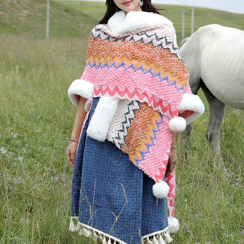 Buddha Stonesチベットのマルチカラーの波線ニットストライプショールコート冬用快適トラベルスカーフラップ - image 20