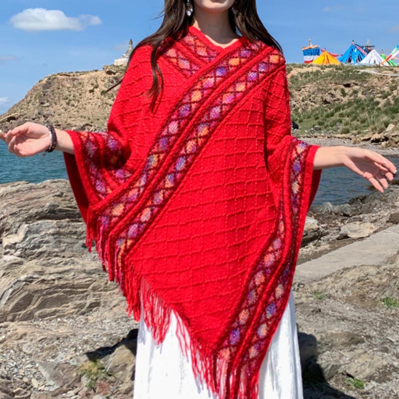 Buddha Stonesチベット カラフル ストライプ 菱形 パターン ショール タッセル プルオーバー 冬 快適 旅行用 スカーフ ラップ