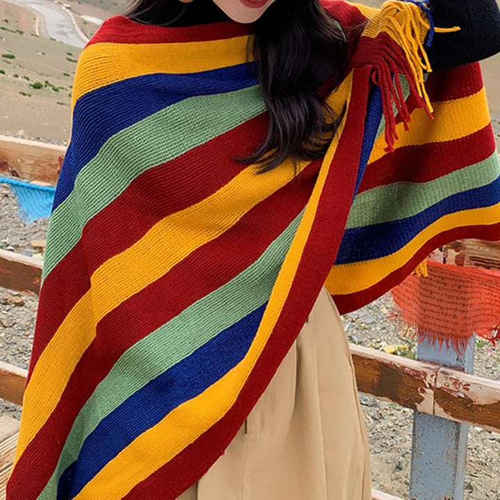 Buddha Stonesチベット カラフル ストライプ デザイン ショール タッセル プルオーバー 冬 快適 旅行用 スカーフ ラップ - image 1