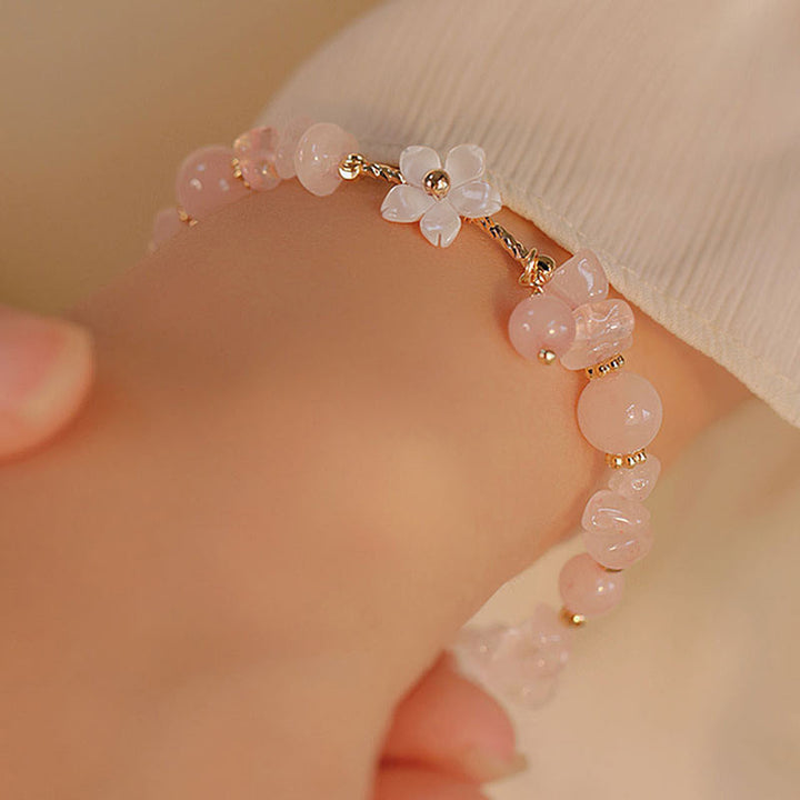 Buddha Stones14Kゴールドメッキ 天然ピンククリスタルフラワーラブブレスレット