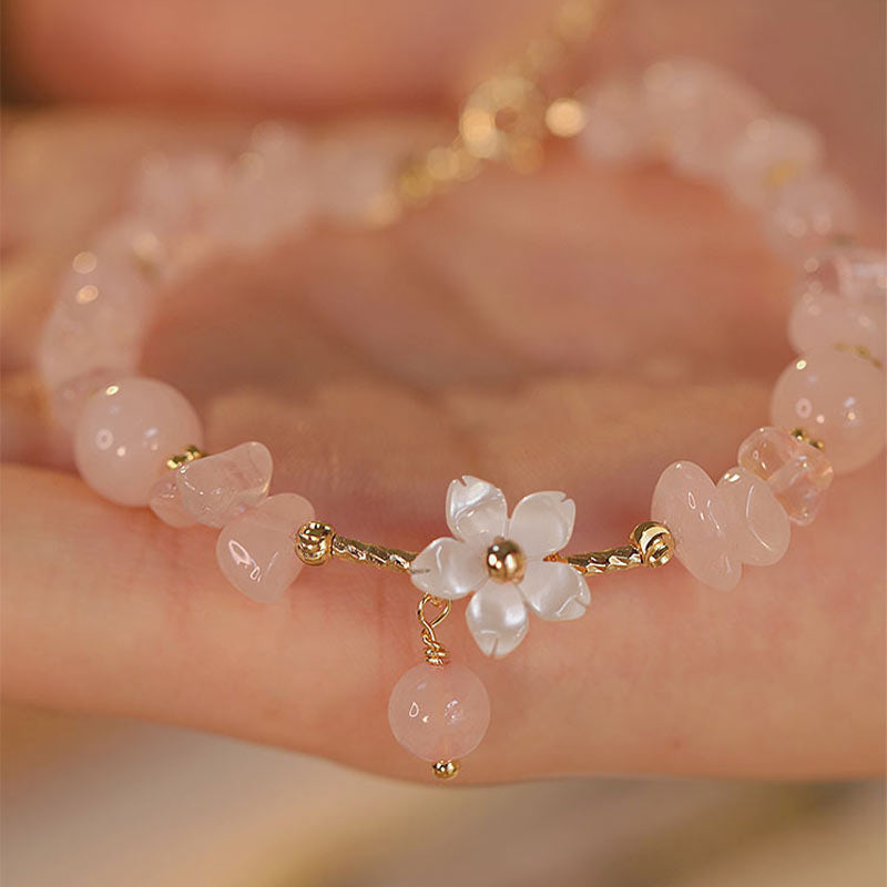 Buddha Stones14Kゴールドメッキ 天然ピンククリスタルフラワーラブブレスレット