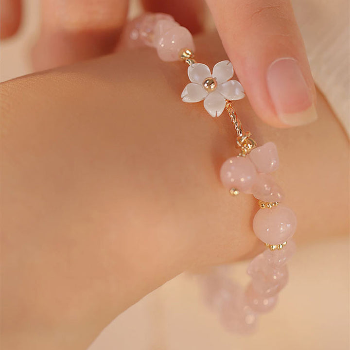 Buddha Stones14Kゴールドメッキ 天然ピンククリスタルフラワーラブブレスレット