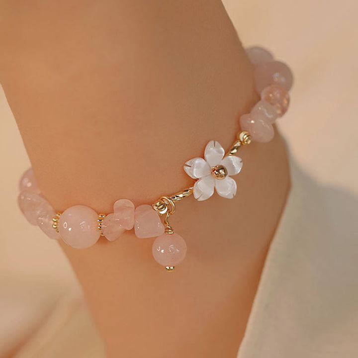 Buddha Stones14Kゴールドメッキ 天然ピンククリスタルフラワーラブブレスレット