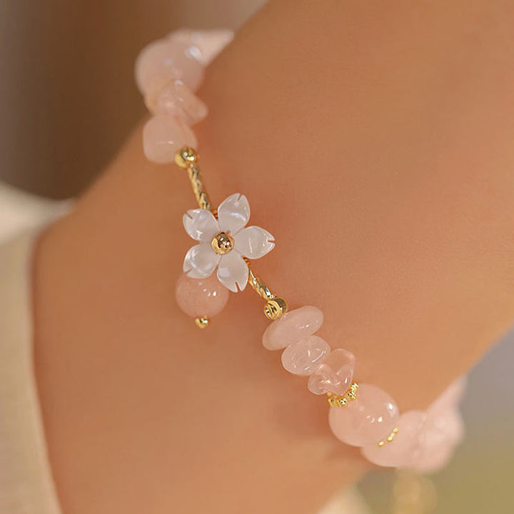 Buddha Stones14Kゴールドメッキ 天然ピンククリスタルフラワーラブブレスレット