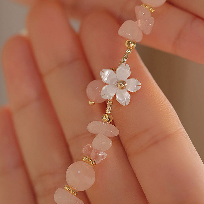 Buddha Stones14Kゴールドメッキ 天然ピンククリスタルフラワーラブブレスレット