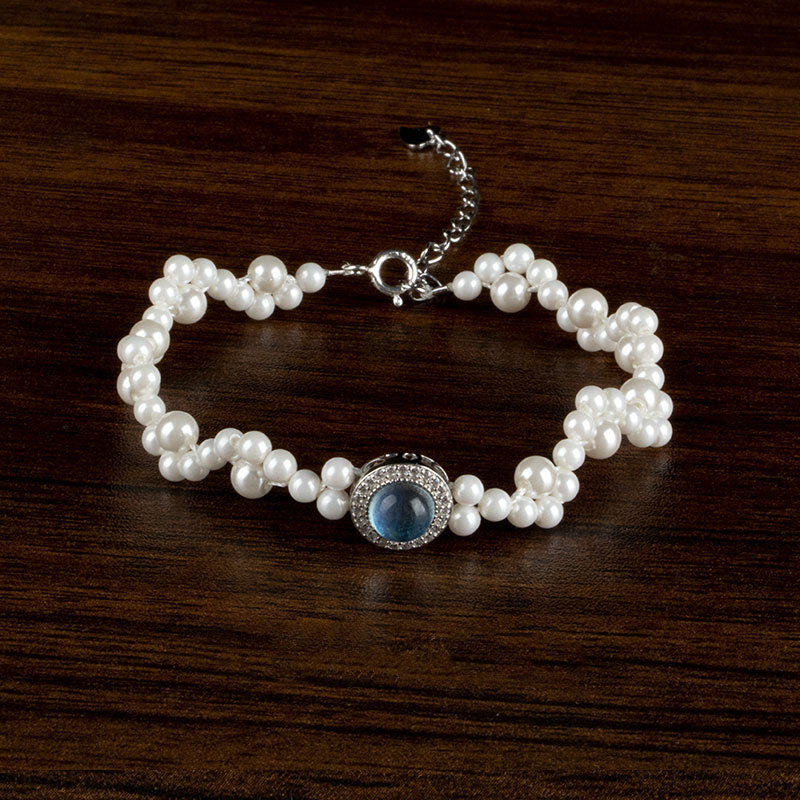 Buddha Stones 925スターリングシルバー パール ブルーカルセドニー ヒーリングチェーンブレスレットリング