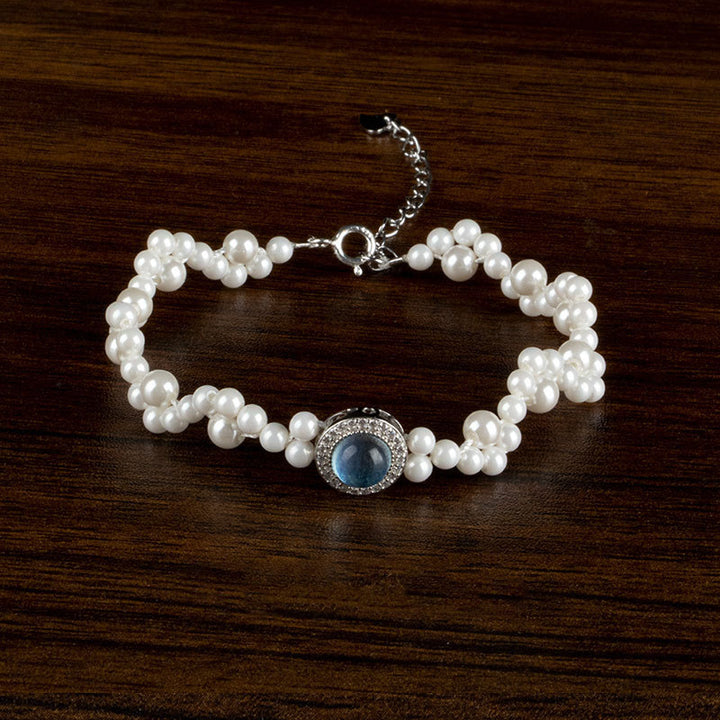 Buddha Stones 925スターリングシルバー パール ブルーカルセドニー ヒーリングチェーンブレスレットリング