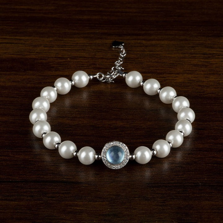 Buddha Stones 925スターリングシルバー パール ブルーカルセドニー ヒーリングチェーンブレスレットリング