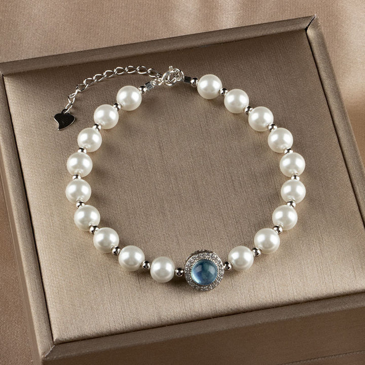 Buddha Stones 925スターリングシルバー パール ブルーカルセドニー ヒーリングチェーンブレスレットリング