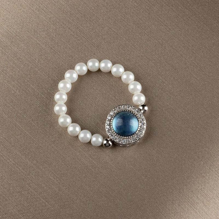 Buddha Stones 925スターリングシルバー パール ブルーカルセドニー ヒーリングチェーンブレスレットリング