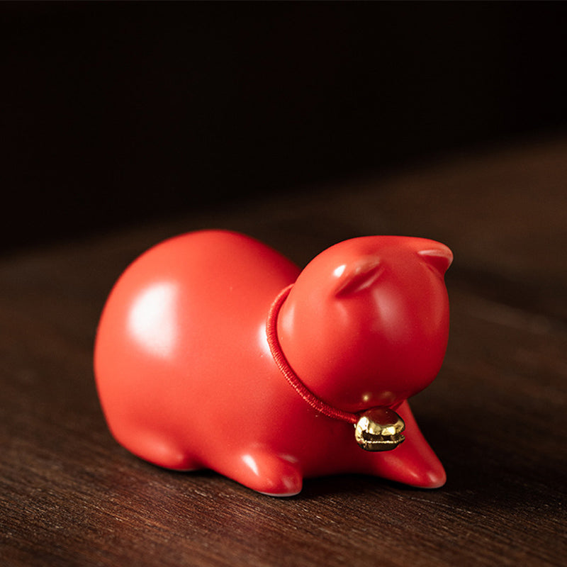 Buddha Stonesミニ 小型 かわいい 猫 ティーペット 陶器 ホームデスク 置物 装飾 - 座っている猫 5*3*3cm - 赤 - image 23