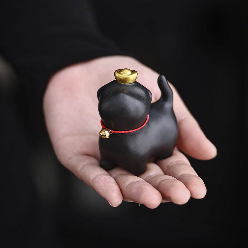 Buddha Stonesミニ招き猫インゴットティーペット陶器ホームデスク置物装飾 - 招き猫ブラック 5.5×3.2×6cm - image 1