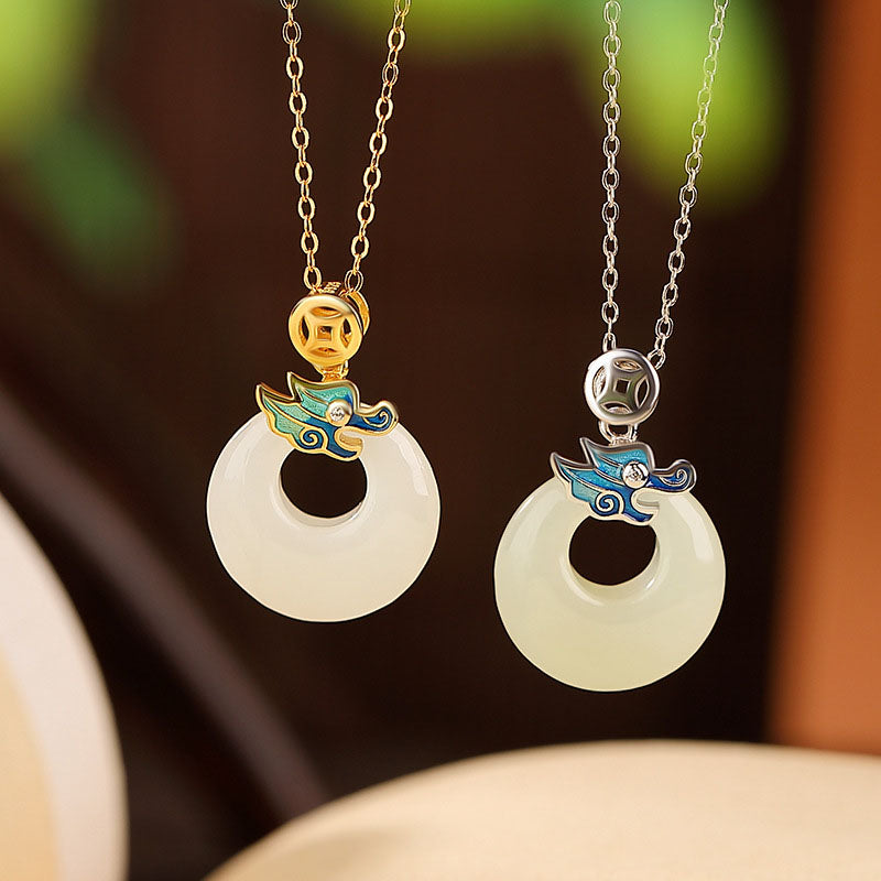 Buddha Stones925 スターリングシルバー メッキ ゴールド 龍年 和田翡翠平和のお守りチャーム銅貨 豊穣 ネックレス ペンダント - image 0