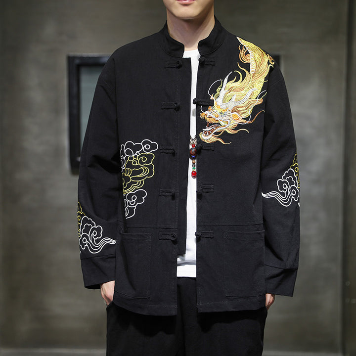 Buddha Stones龍吉祥雲刺繍衣料中国唐装ジャケット男性服 - 黒 - US/UK/AU48、 EU58(5XL) - image 0