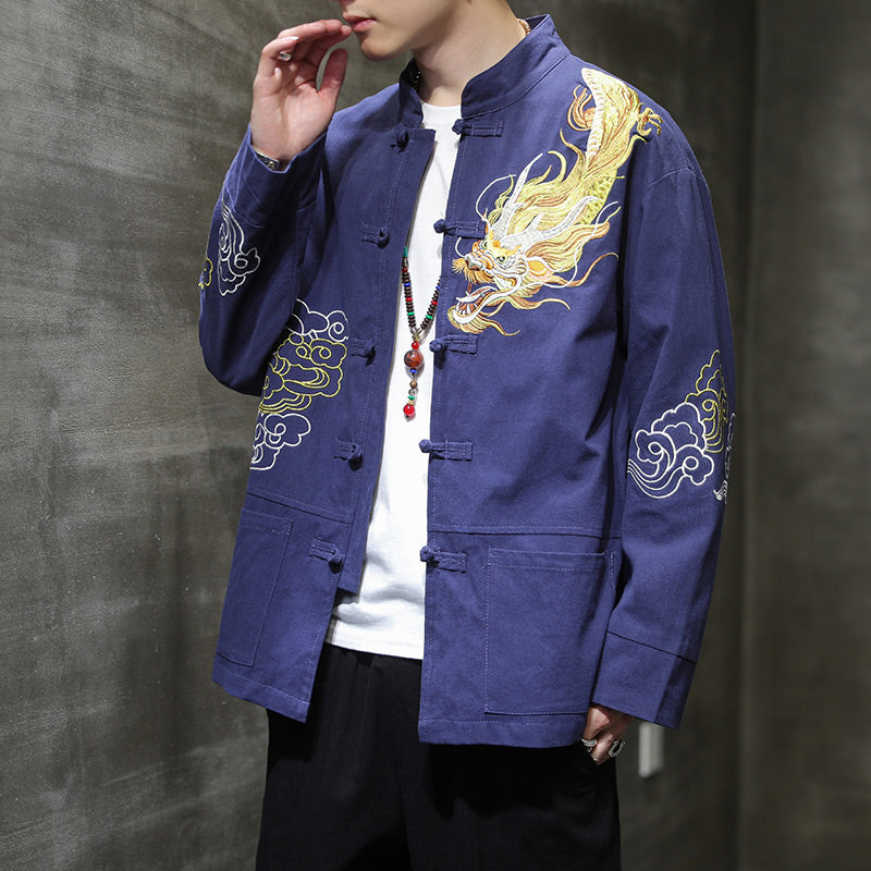 Buddha Stones龍吉祥雲刺繍衣料中国唐装ジャケット男性服 - ネイビーブルー - US/UK/AU48、 EU58(5XL) - image 21