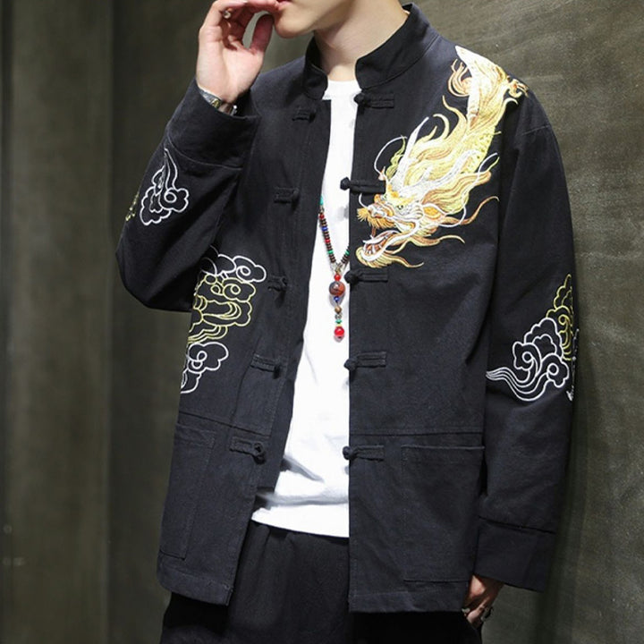 Buddha Stones龍吉祥雲刺繍衣料中国唐装ジャケット男性服 - image 2