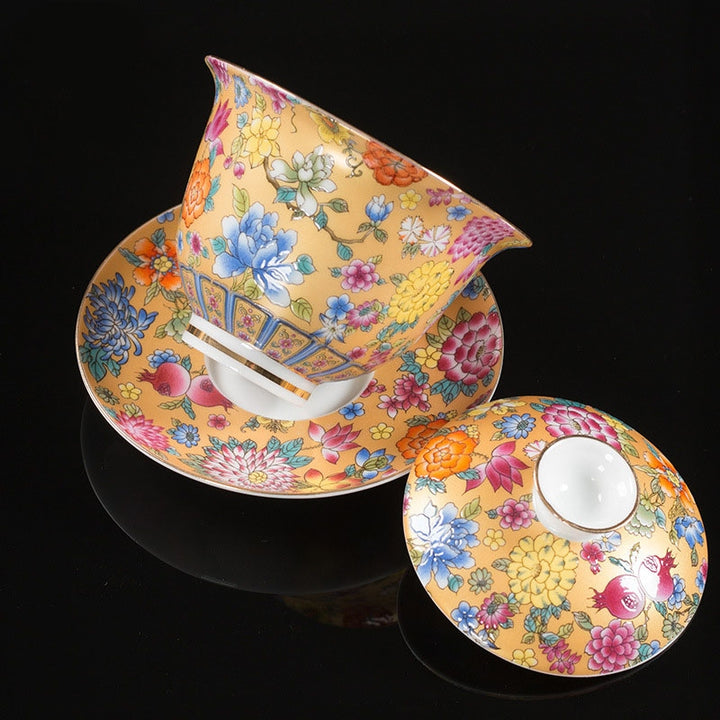 Buddha Stones牡丹の花の陶器蓋碗三彩ティーカップカンフーティーカップとソーサー蓋付き