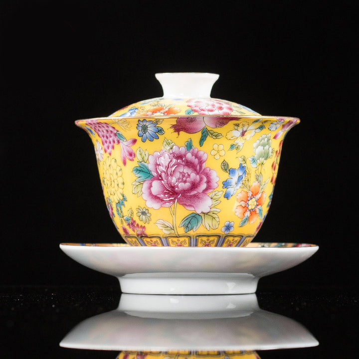 Buddha Stones牡丹の花の陶器蓋碗三彩ティーカップカンフーティーカップとソーサー蓋付き