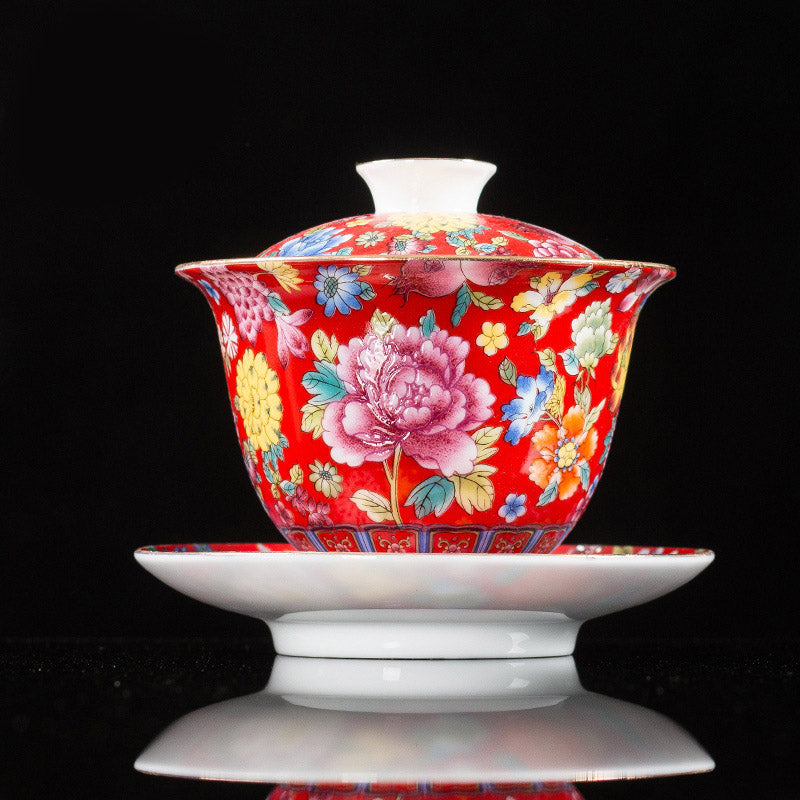 Buddha Stones牡丹の花の陶器蓋碗三彩ティーカップカンフーティーカップとソーサー蓋付き