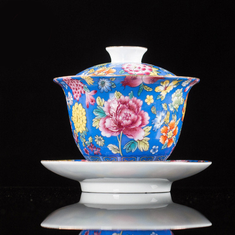 Buddha Stones牡丹の花の陶器蓋碗三彩ティーカップカンフーティーカップとソーサー蓋付き