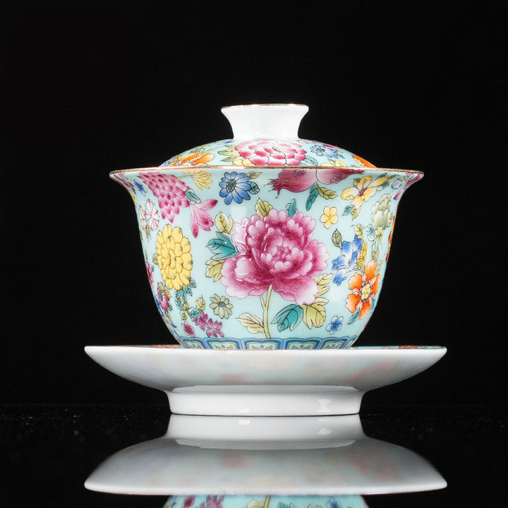 Buddha Stones牡丹の花の陶器蓋碗三彩ティーカップカンフーティーカップとソーサー蓋付き